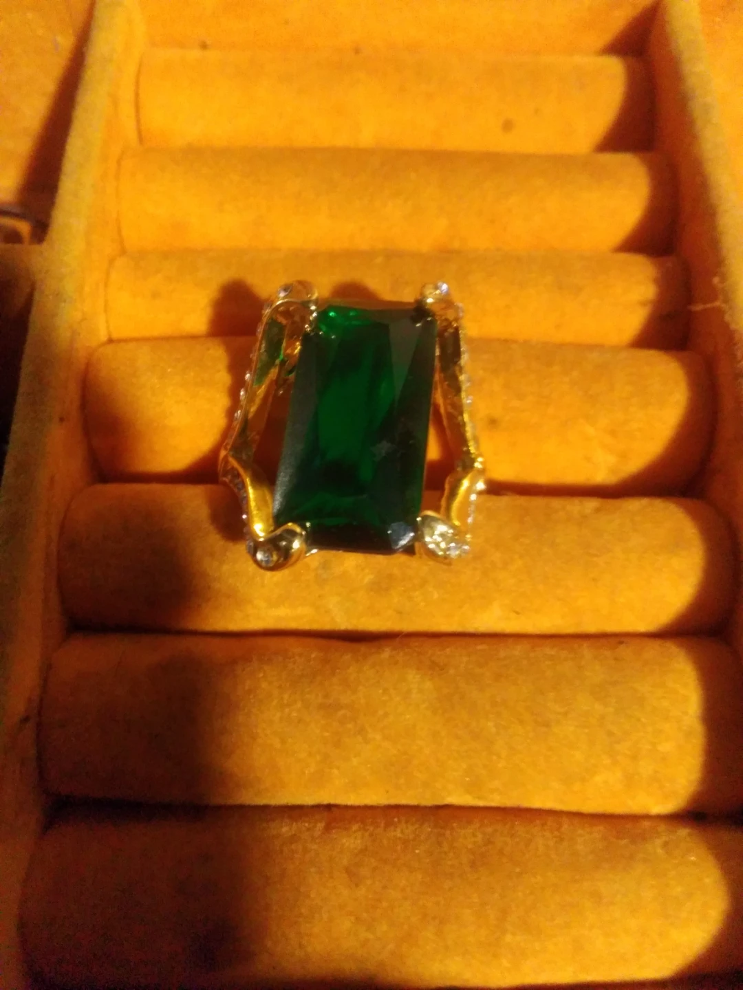 Gold Tone Emerald Cut Green Stone Ring