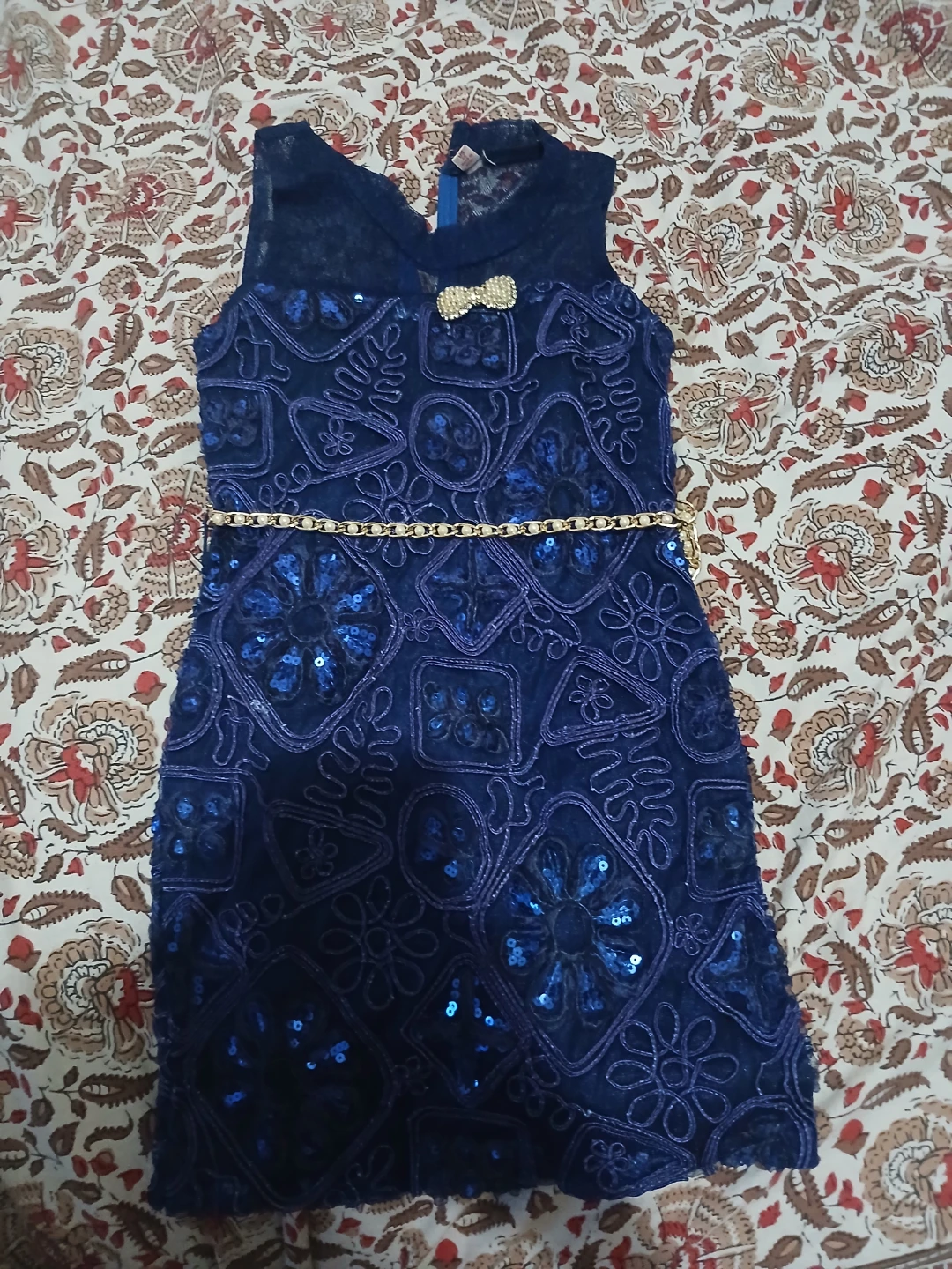 Girls' Blue Lace Dress with Sequins and Gold Belt