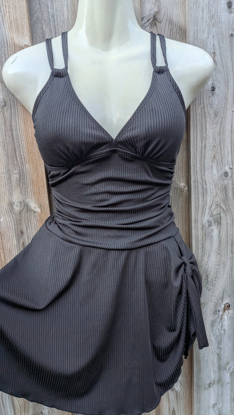 Black Ribbed One-Piece Swimsuit with Skirt
