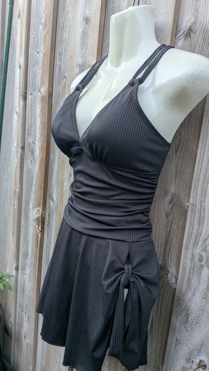 Black Ribbed One-Piece Swimsuit with Skirt - photo 2