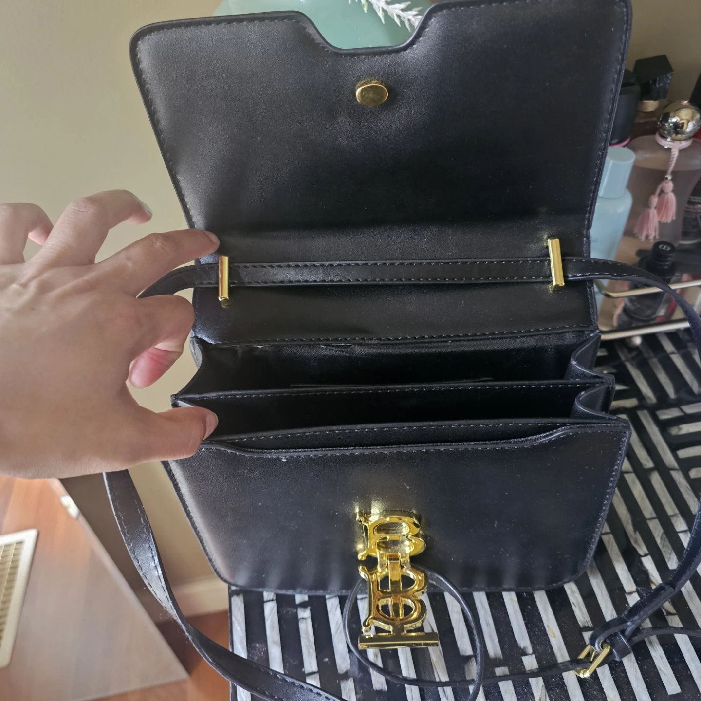 Black Shoulder Bag with Gold 'TB' Logo