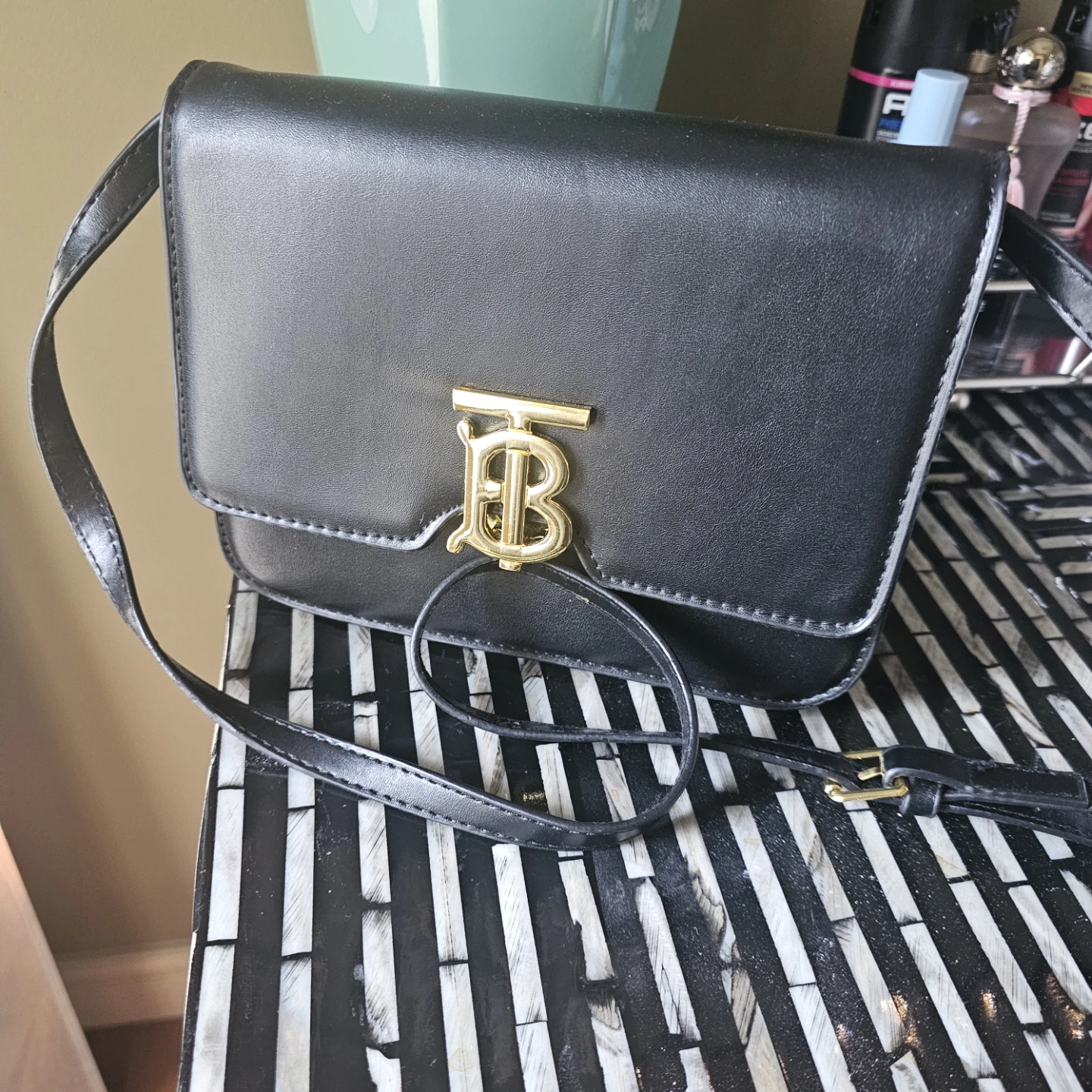 Black Shoulder Bag with Gold 'TB' Logo - photo 2