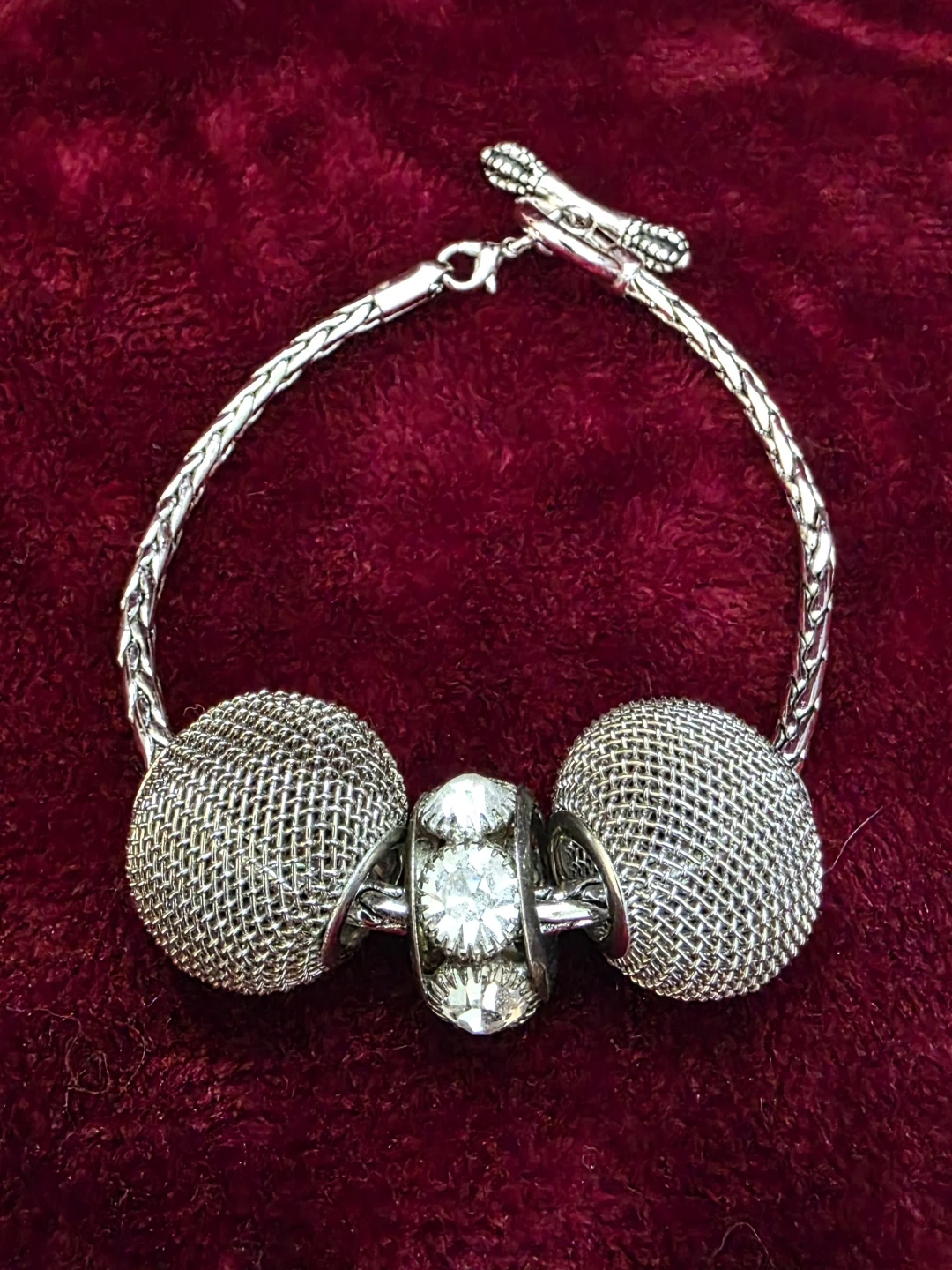Silver Tone Bracelet with Mesh Beads and Rhinestones