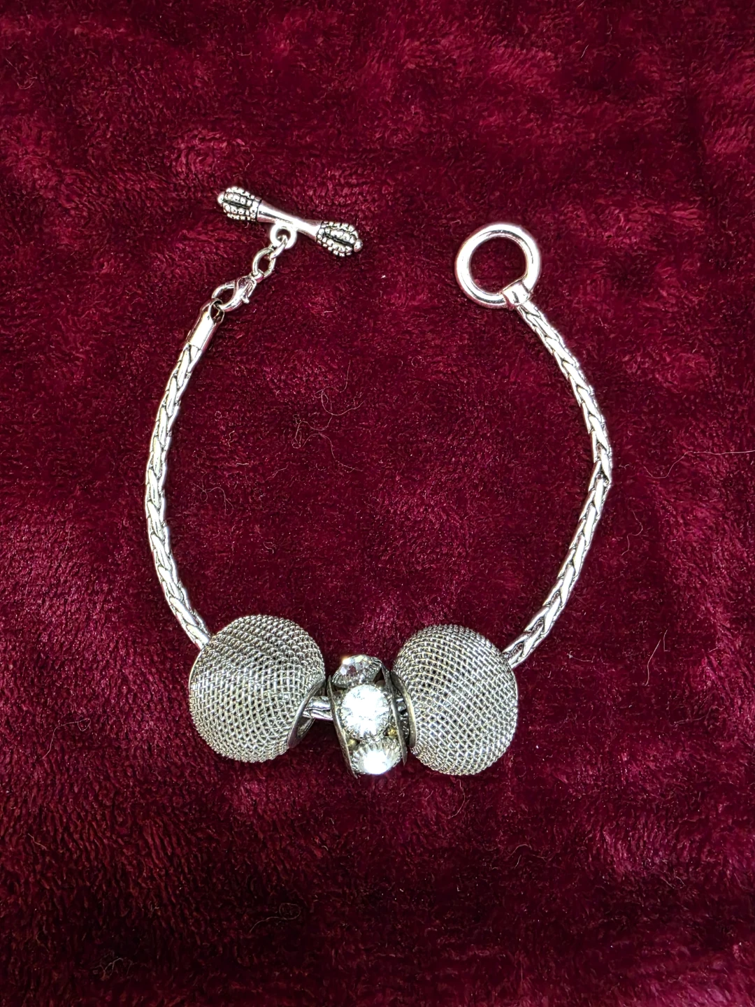 Silver Tone Bracelet with Mesh Beads and Rhinestones - photo 2