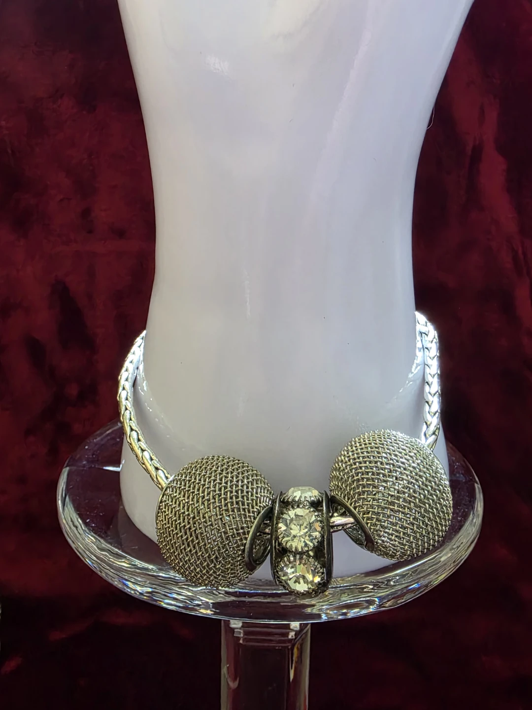 Silver Tone Bracelet with Mesh Beads and Rhinestones - photo 3