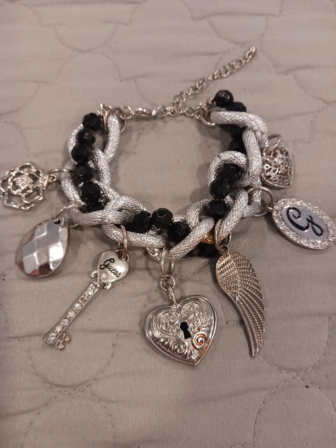 Guess Charm Bracelet with Silver Tone and Black Beads