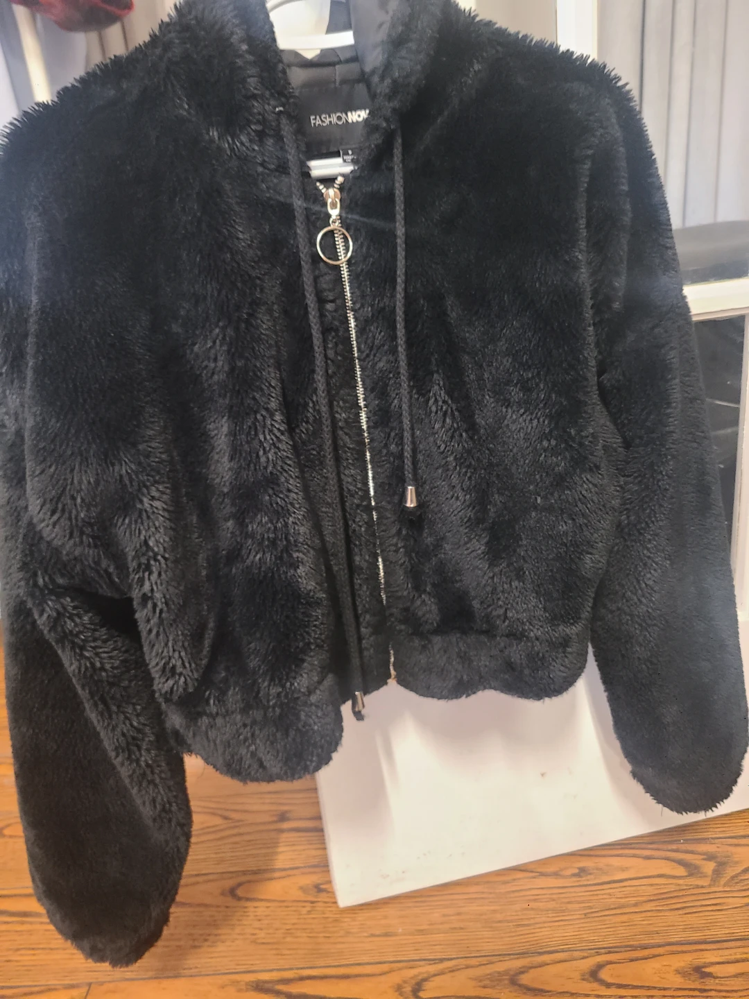 Fashion Nova Black Faux Fur Zip-Up Hoodie