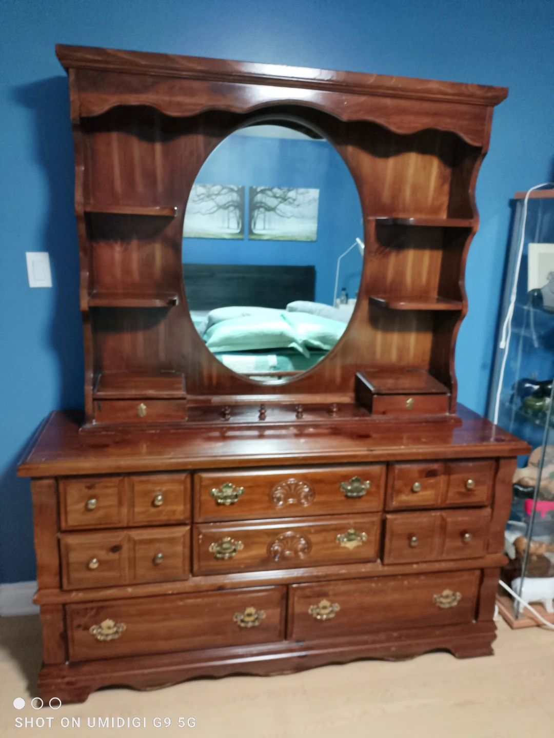 Wooden Dresser with Mirror and Shelving