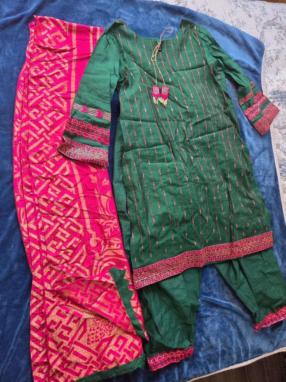 Green Kurti and Shalwar Set with Pink Dupatta