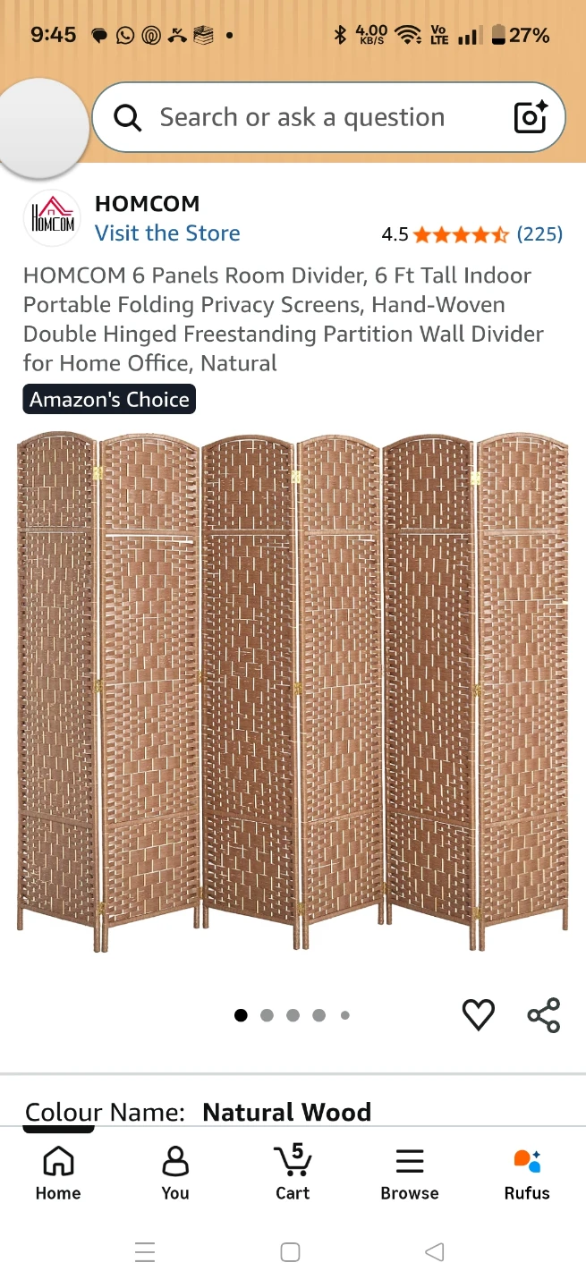 HOMCOM 6 Panel Room Divider - Natural Wood