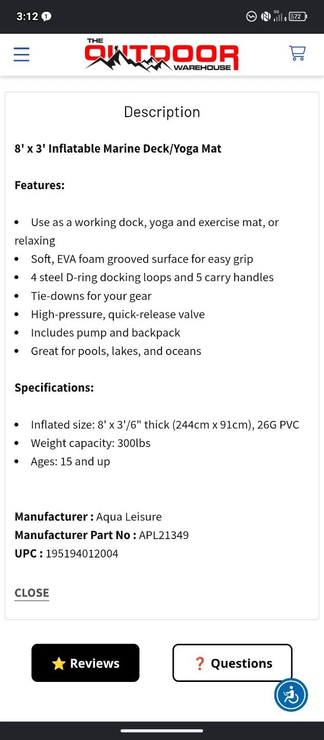 Aqua Leisure 8' x 3' Inflatable Marine Deck/Yoga Mat - photo 3