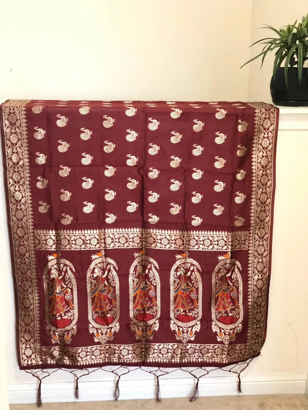Maroon Banarasi Silk Scarf with Figurine Motifs