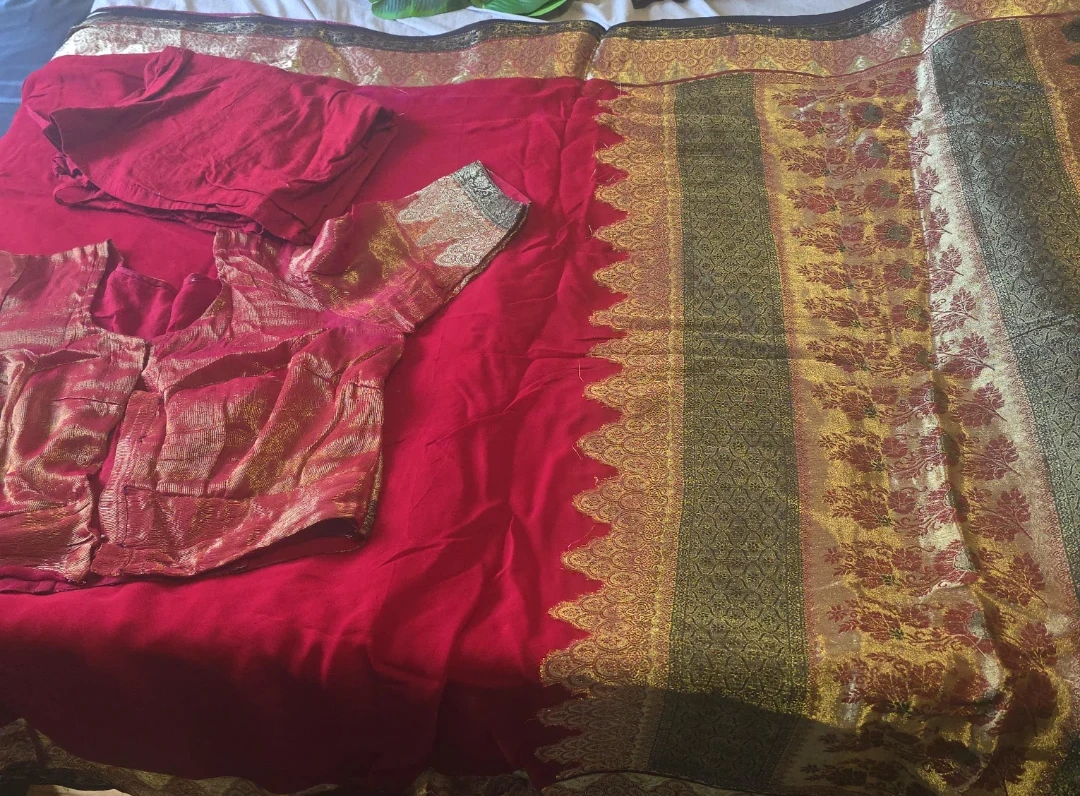 Red  and golden border Saree with Blouse and petticoat