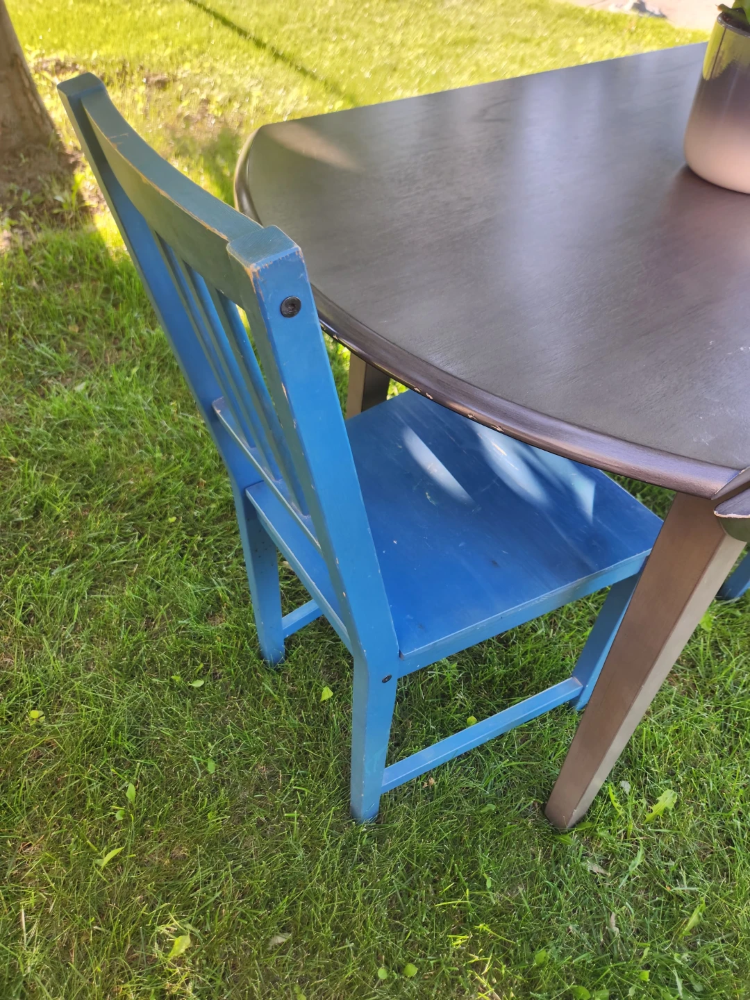 Round wood Table and Blue Chairs Set - photo 5