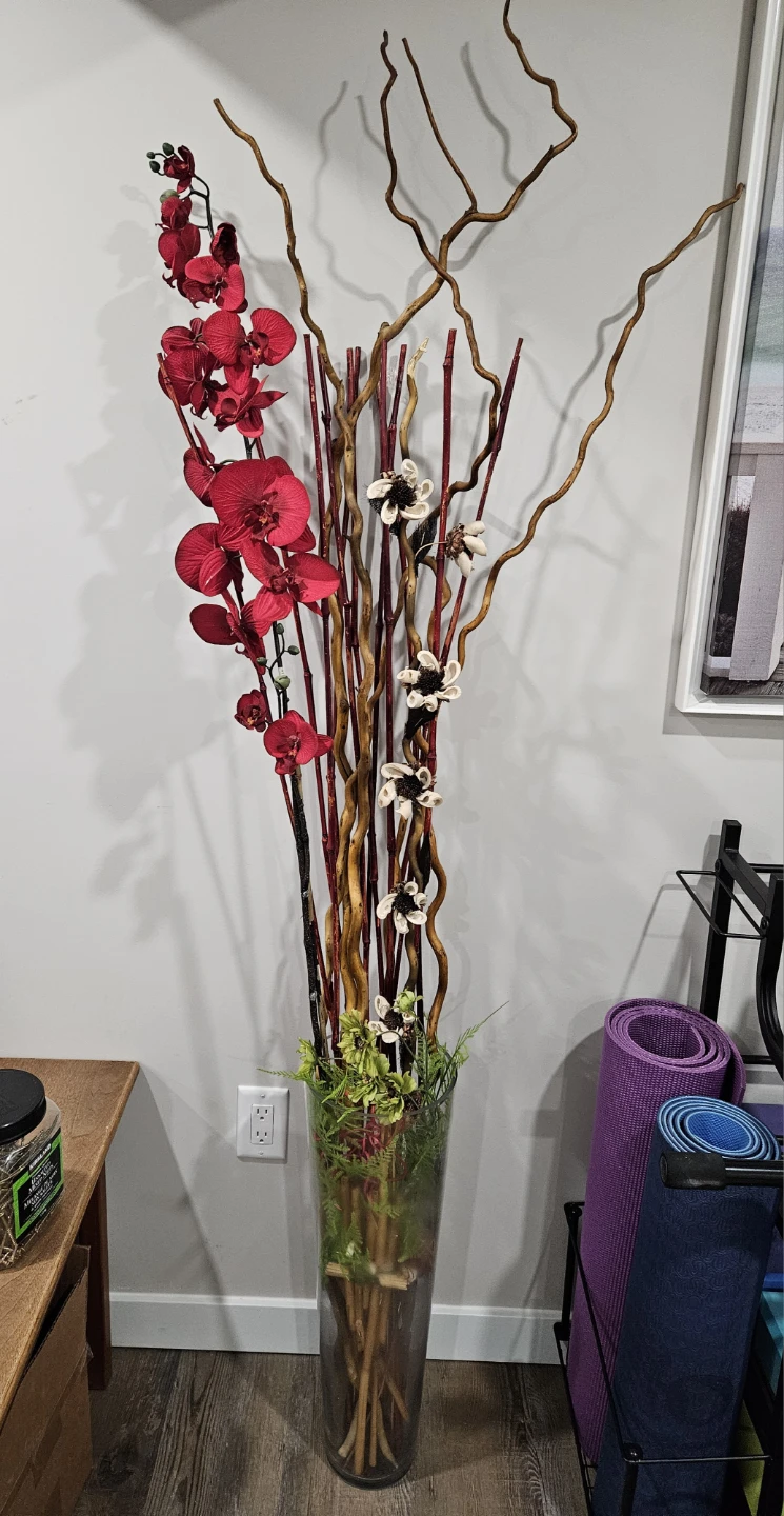 Artificial Orchid and Branch Floral Arrangement in Glass Vase
