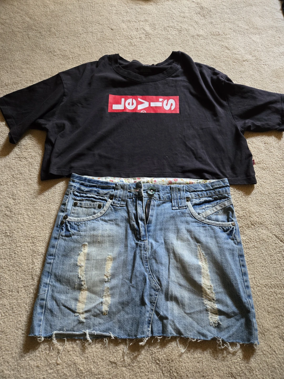 Levi's Black Crop Top and Distressed Denim Skirt