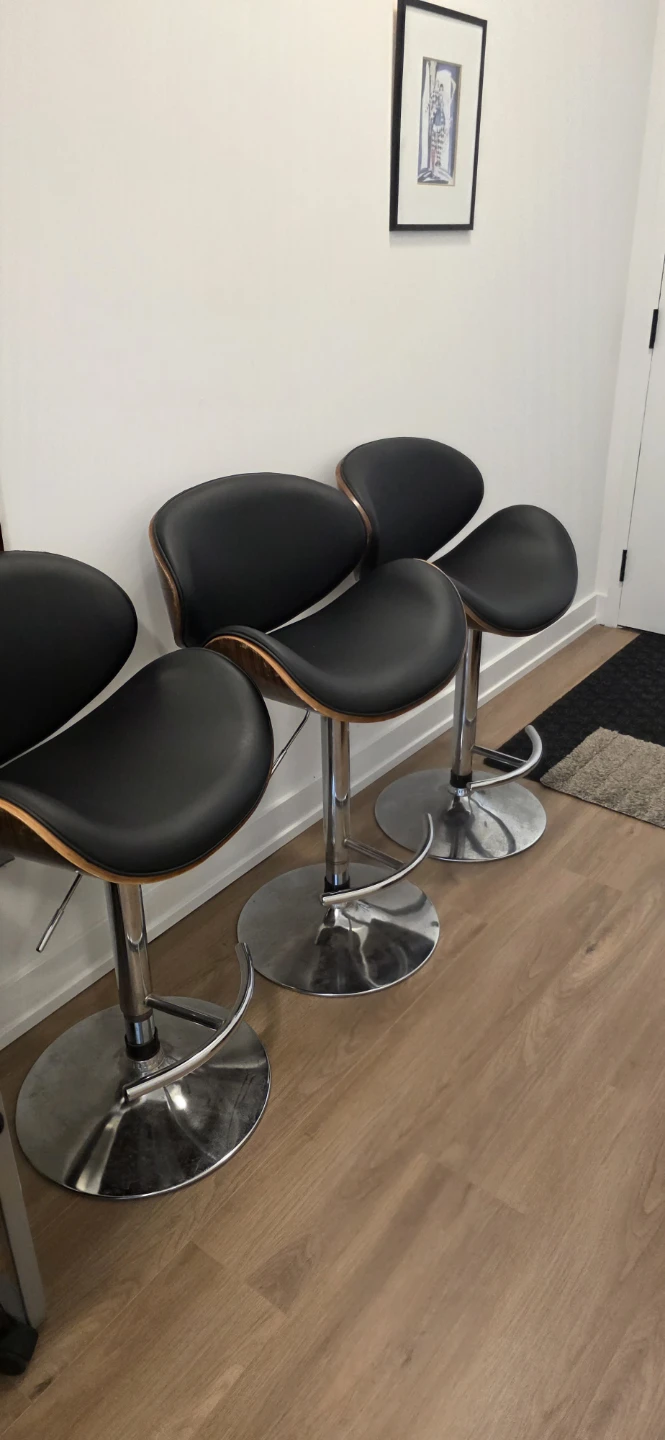 Set of 3 Black Adjustable Bar Stools with Wood Trim - photo 2