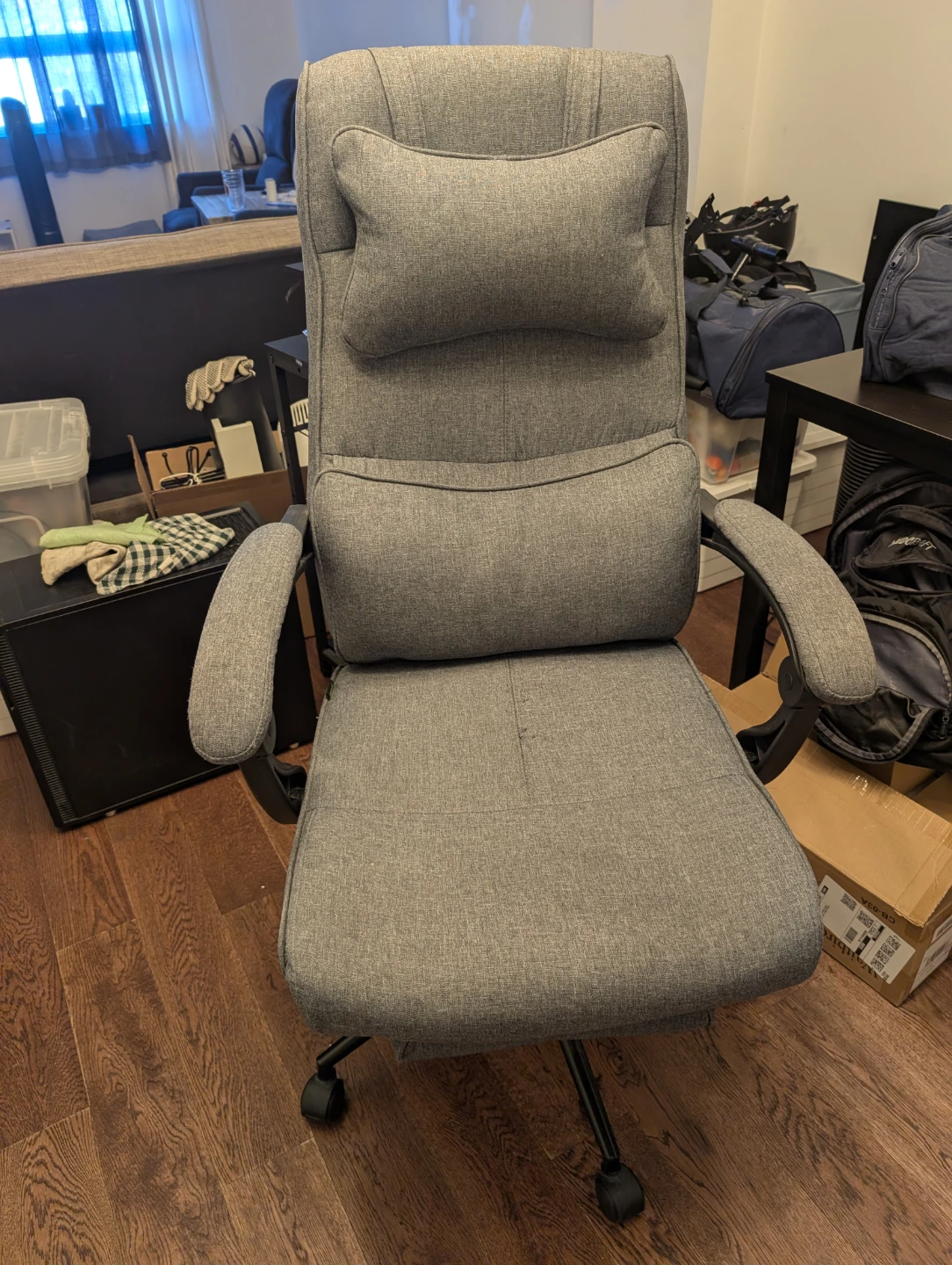 Grey Fabric Office Chair with Lumbar and Headrest Pillows