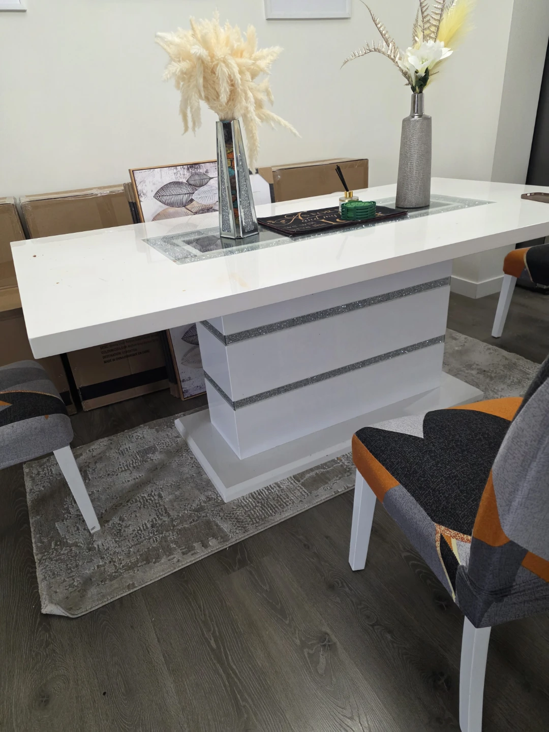 White Dining Table with Crushed Diamond Inlay
