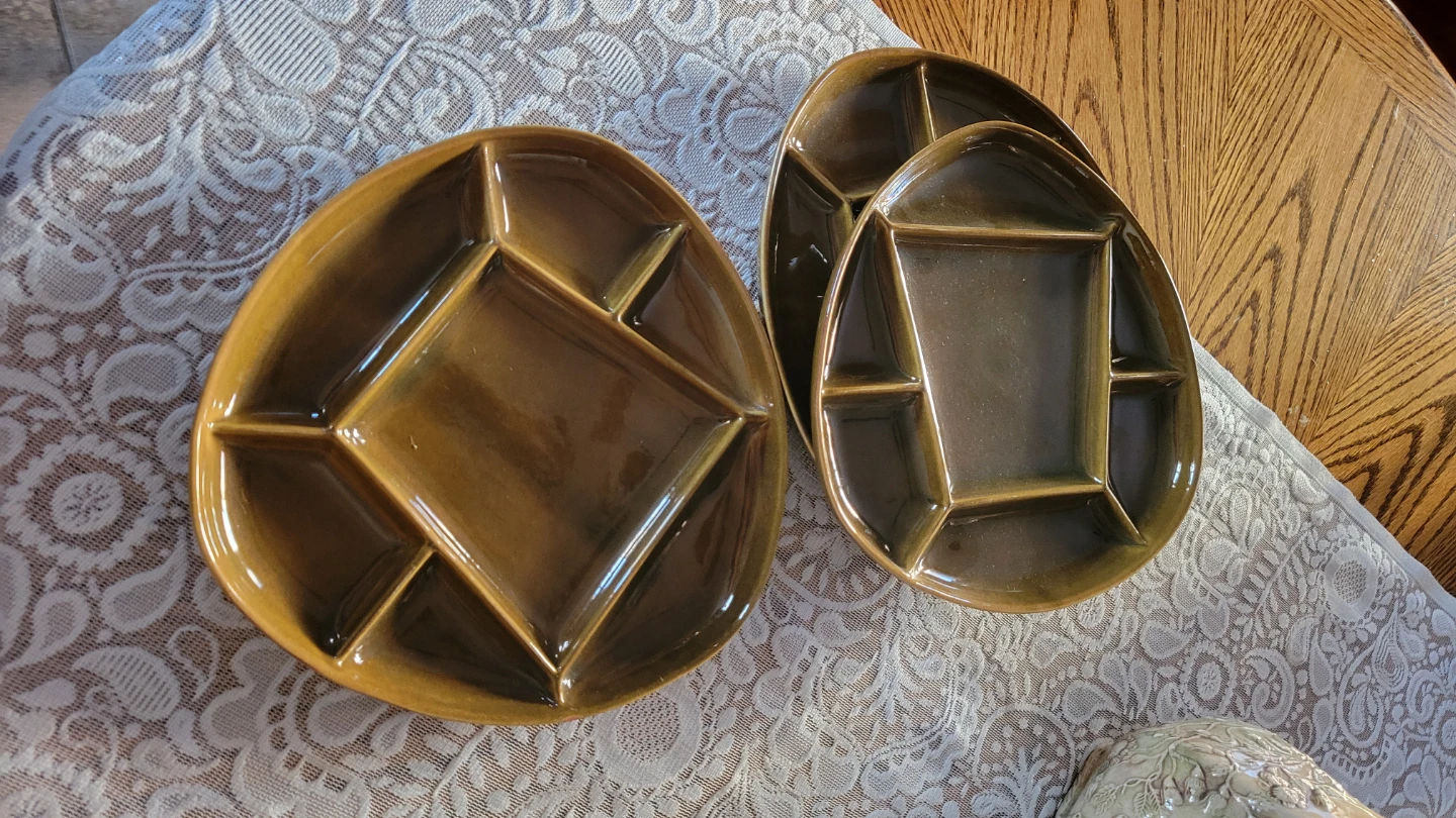 Three  Vintage Sunburst Canada Pottery Divider Serving Dish Set