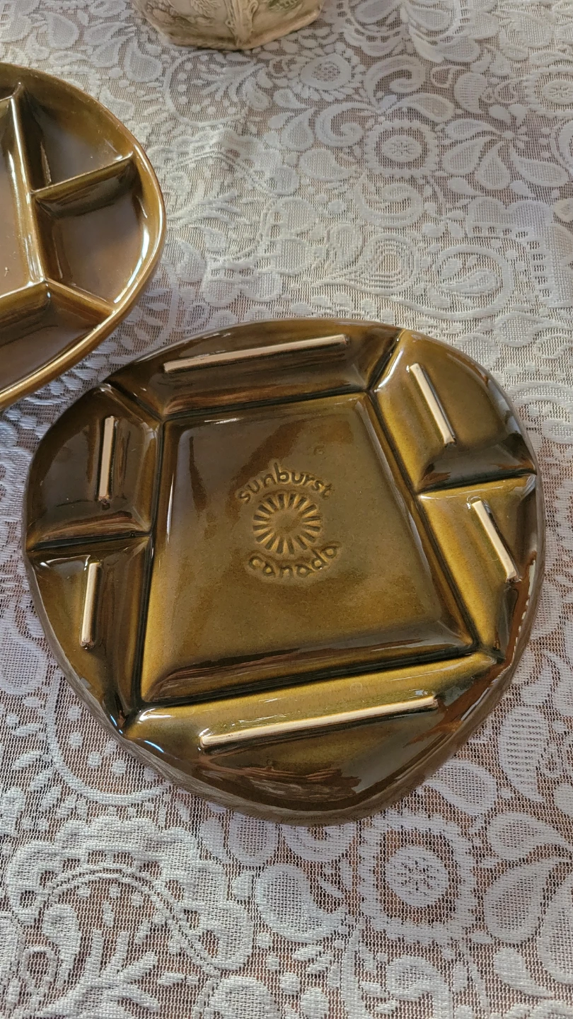 Three  Vintage Sunburst Canada Pottery Divider Serving Dish Set - photo 2
