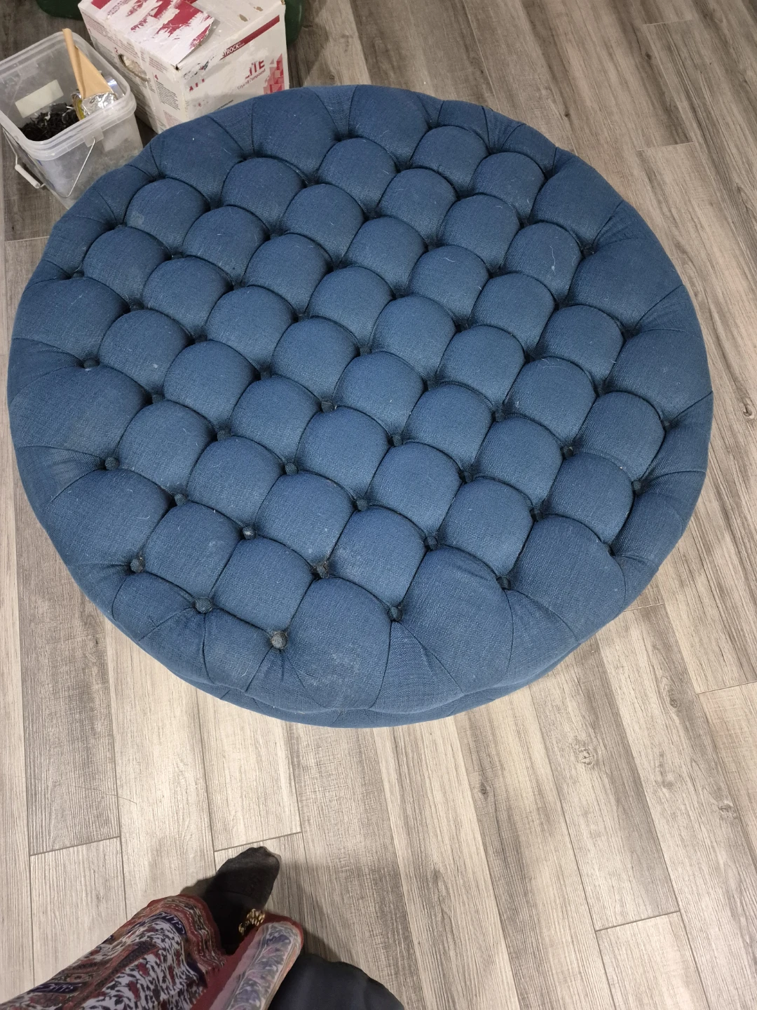 Tufted Round Ottoman - Blue Fabric