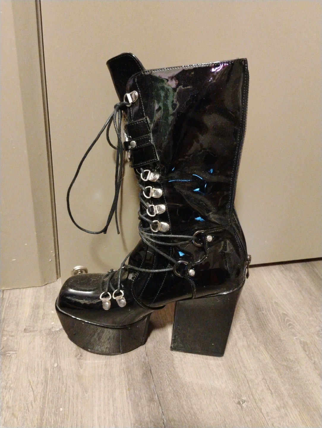 Black Patent Platform Lace-Up Boots