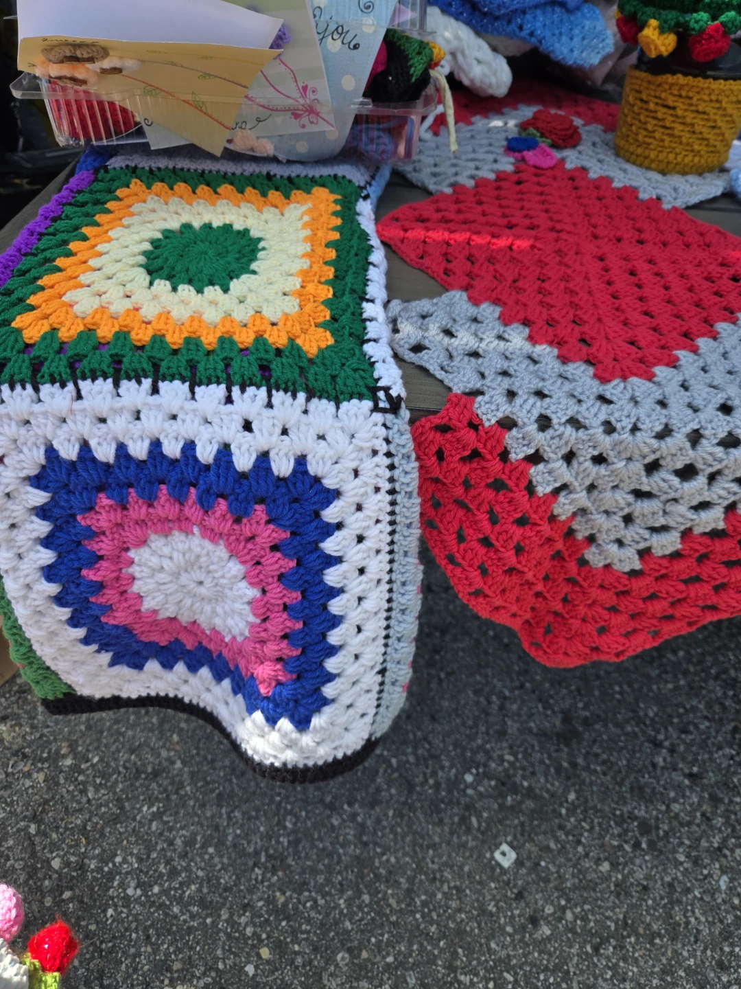 Handmade Crocheted Table Runner - White, Yellow, and Purple
