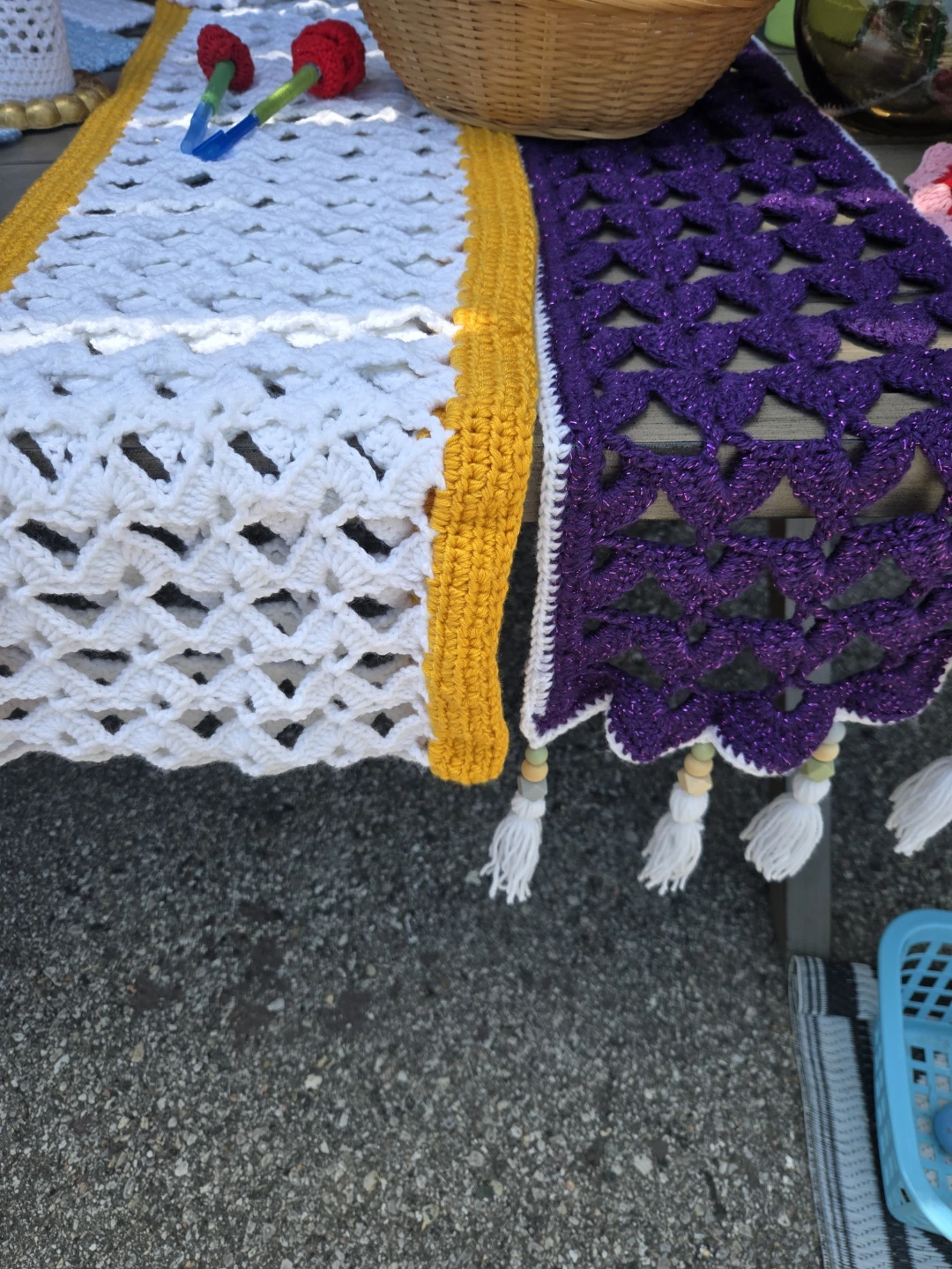 Handmade Crocheted Table Runner - White, Yellow, and Purple - photo 3