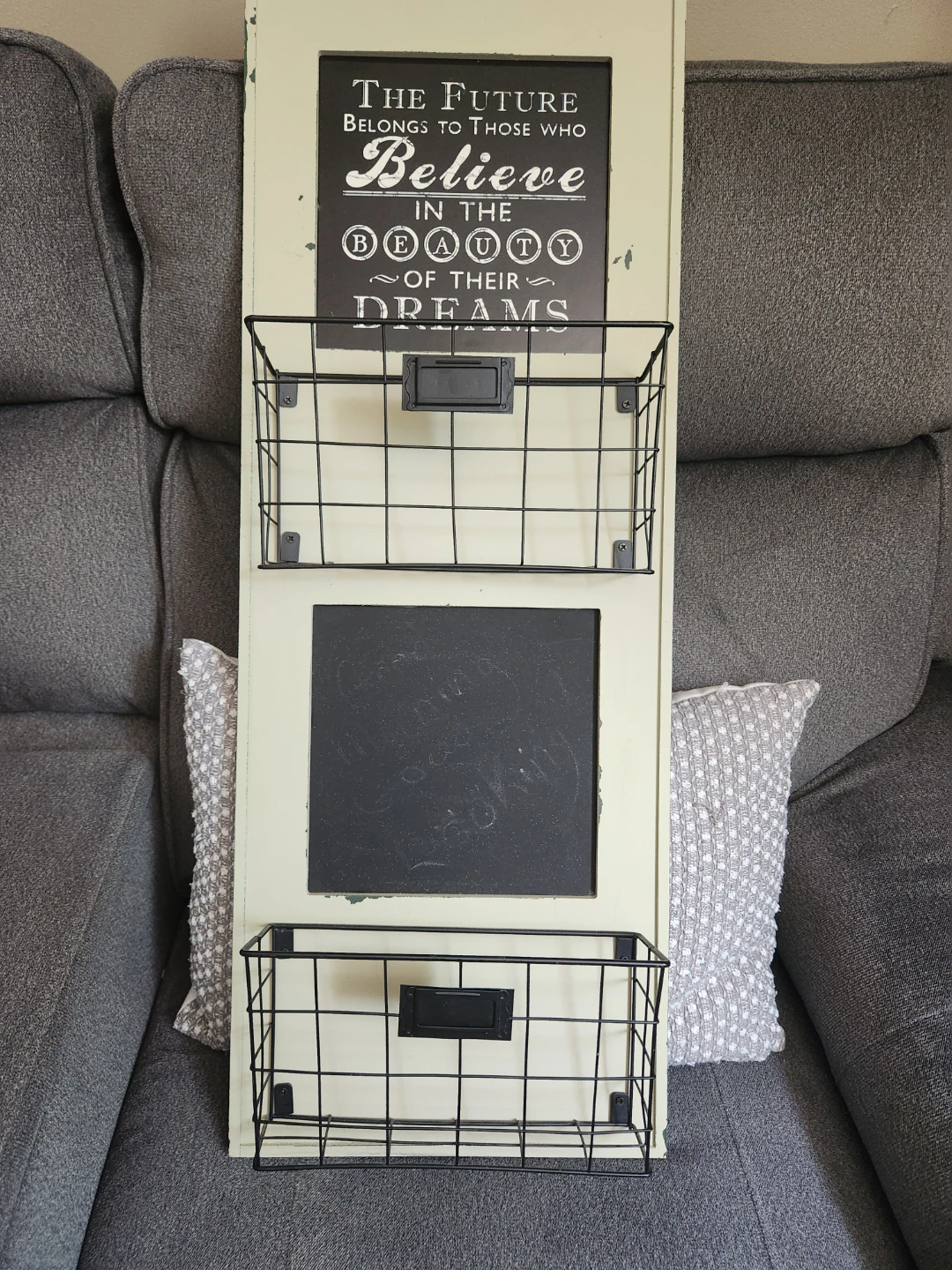 Wall Mounted Organizer with Baskets and Chalkboard