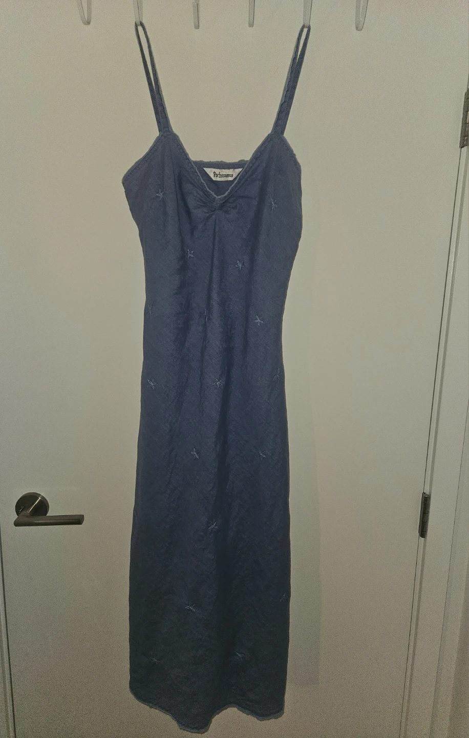Blue denim-look midi dress with star embroidery