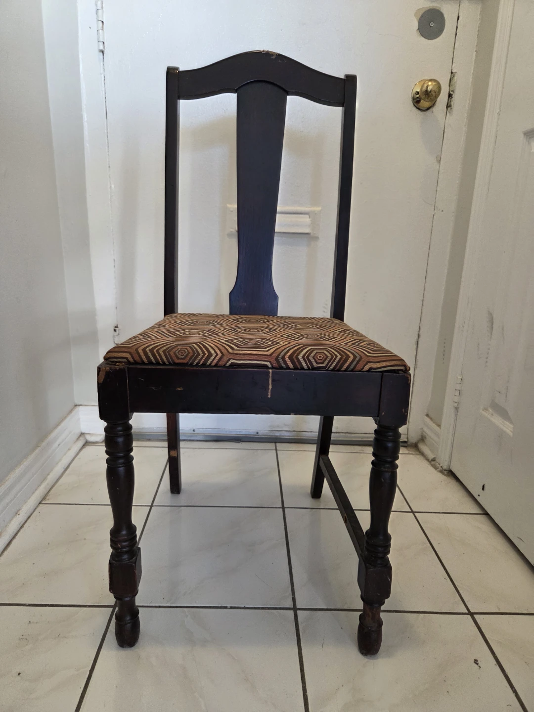 Dark Wood Dining Chair with Patterned Seat
