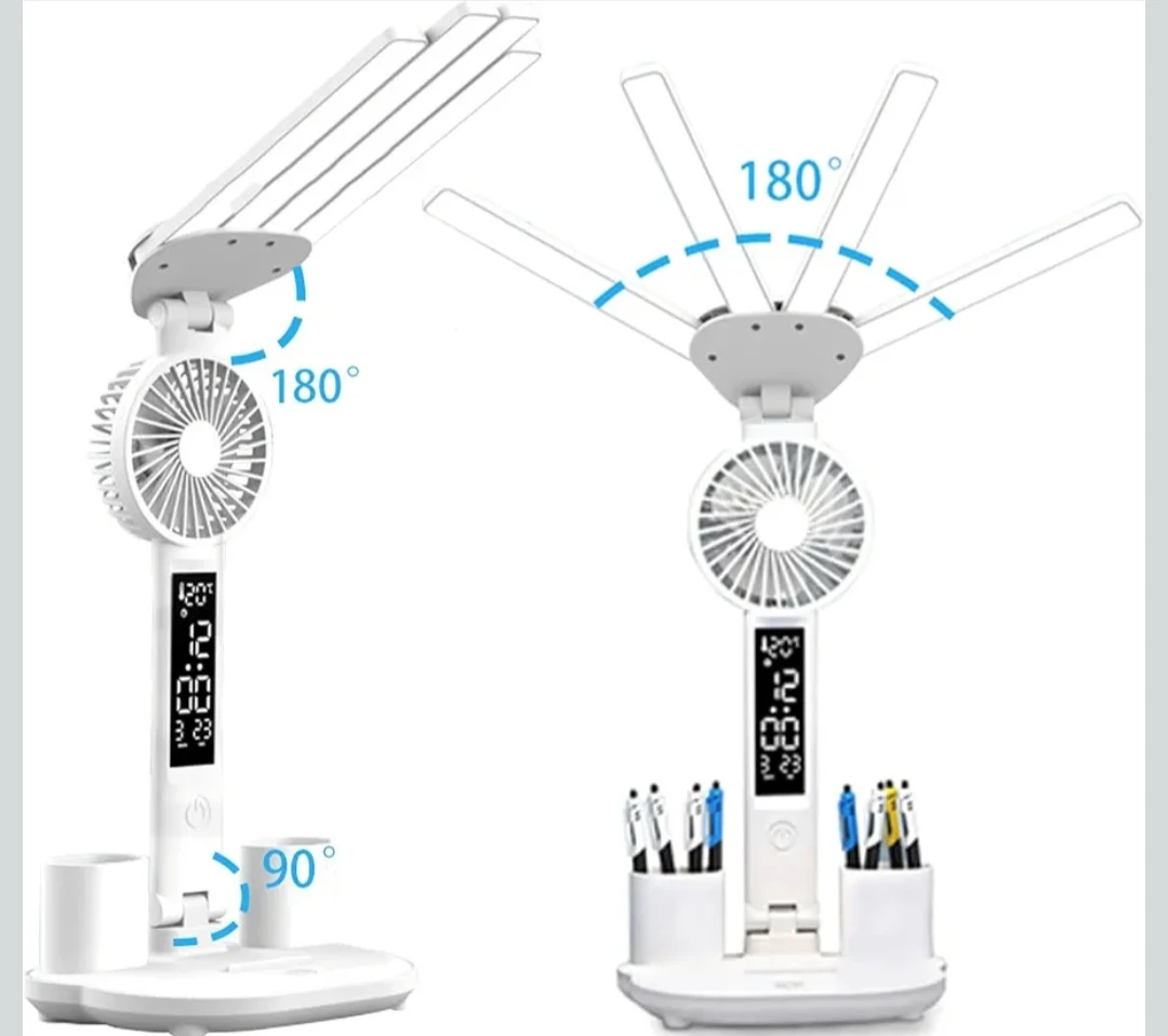 White LED Desk Lamp with Fan, Clock, and Pen Holders - photo 2