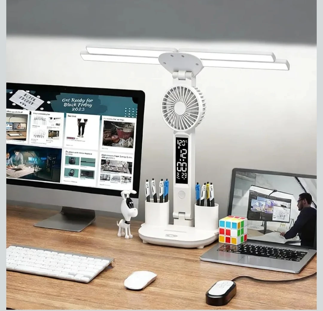White LED Desk Lamp with Fan, Clock, and Pen Holders - photo 5