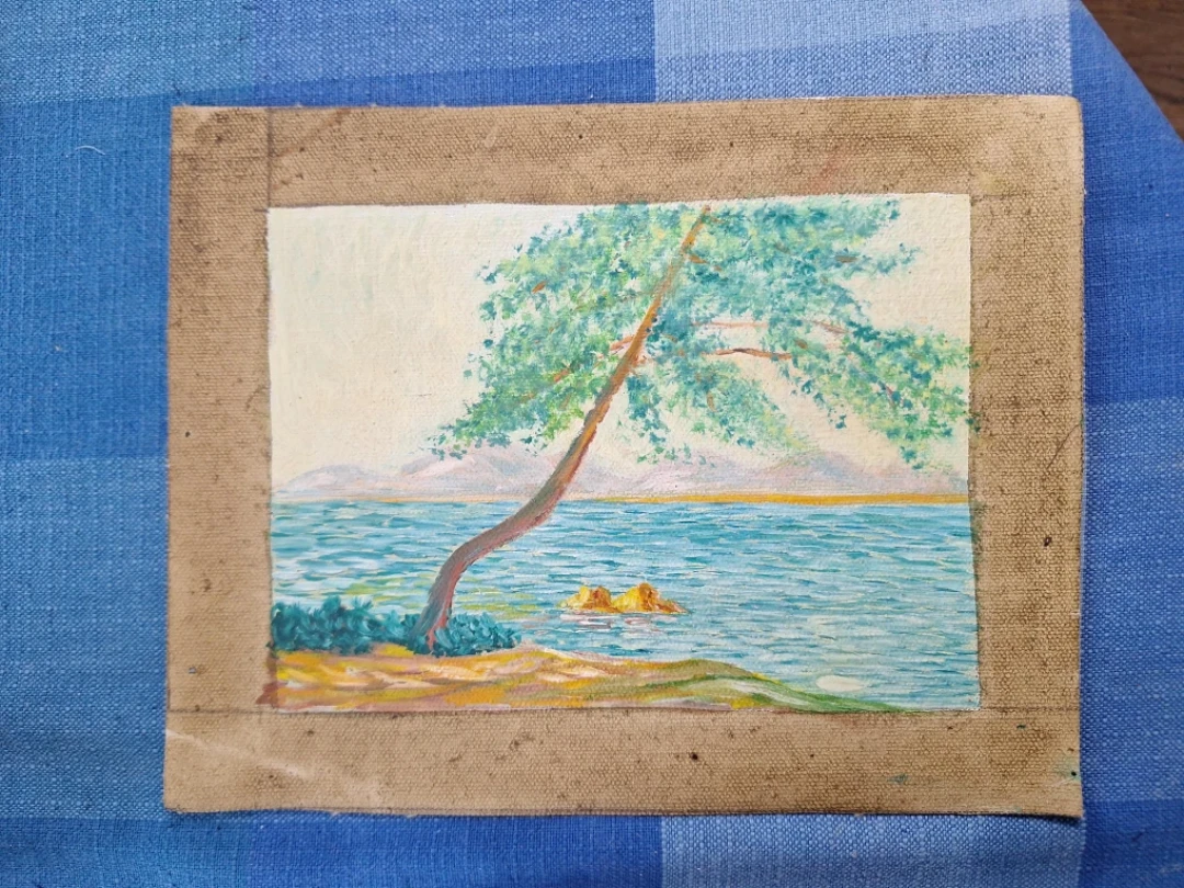 Oil painting of a tree by the water