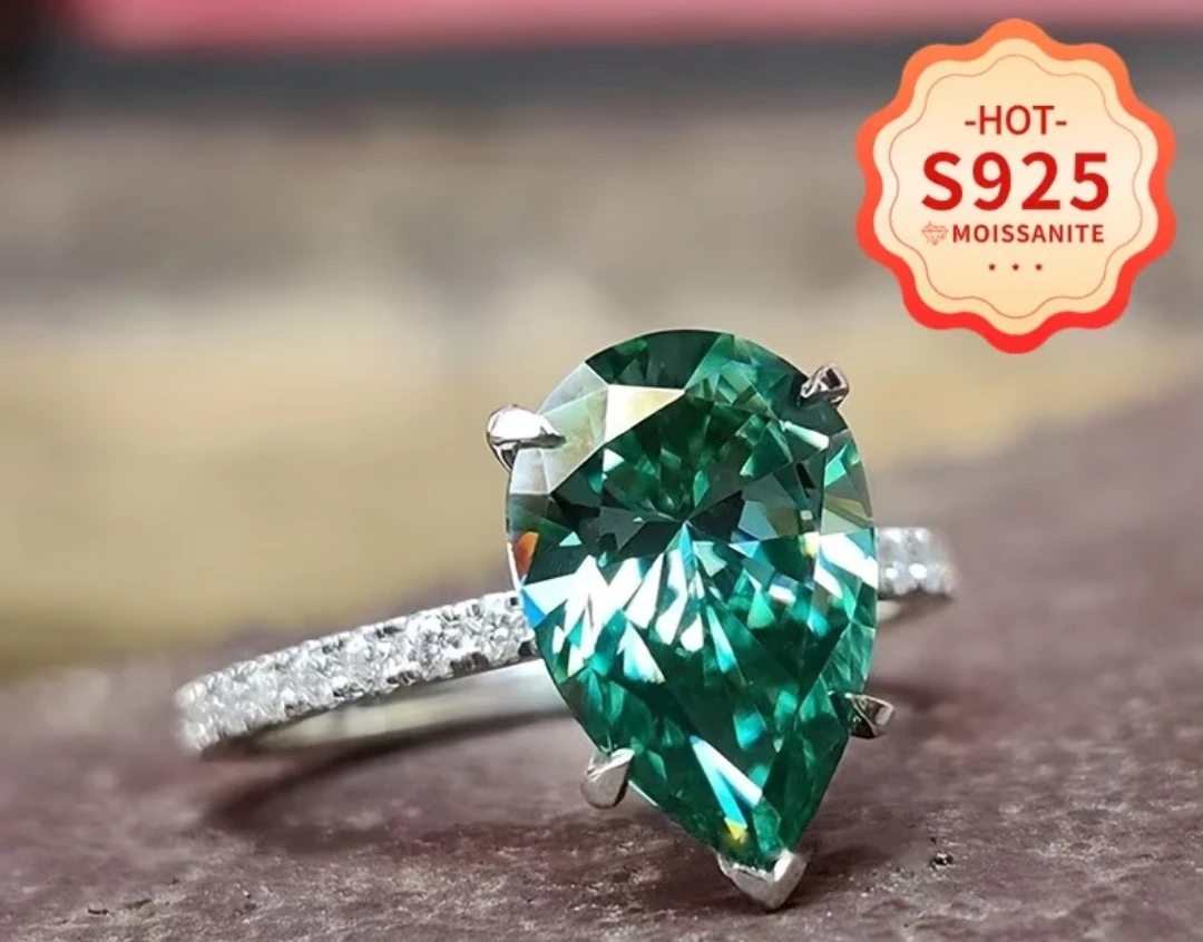Green Pear-Cut Moissanite Ring