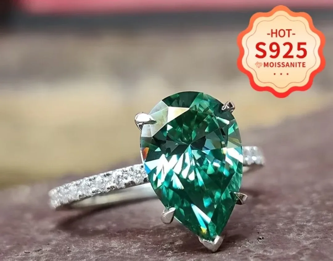 Green Pear-Cut Moissanite Ring