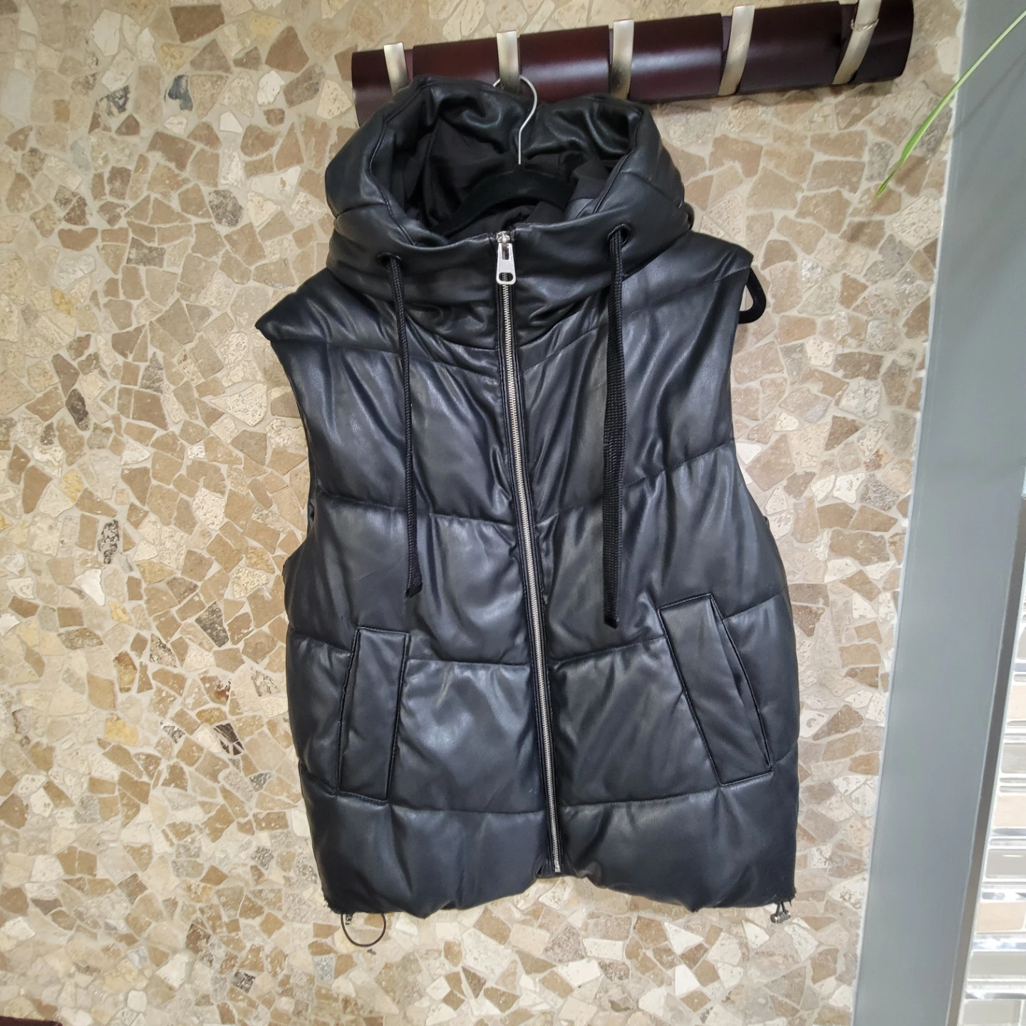 Black Faux Leather Puffer Vest with Hood