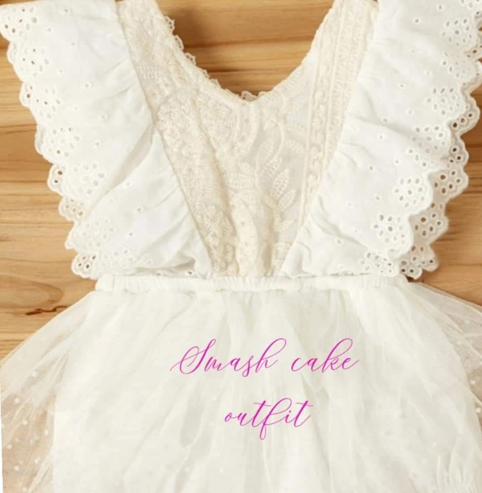 White Smash Cake Outfit Baby Girl Lace Tutu Romper