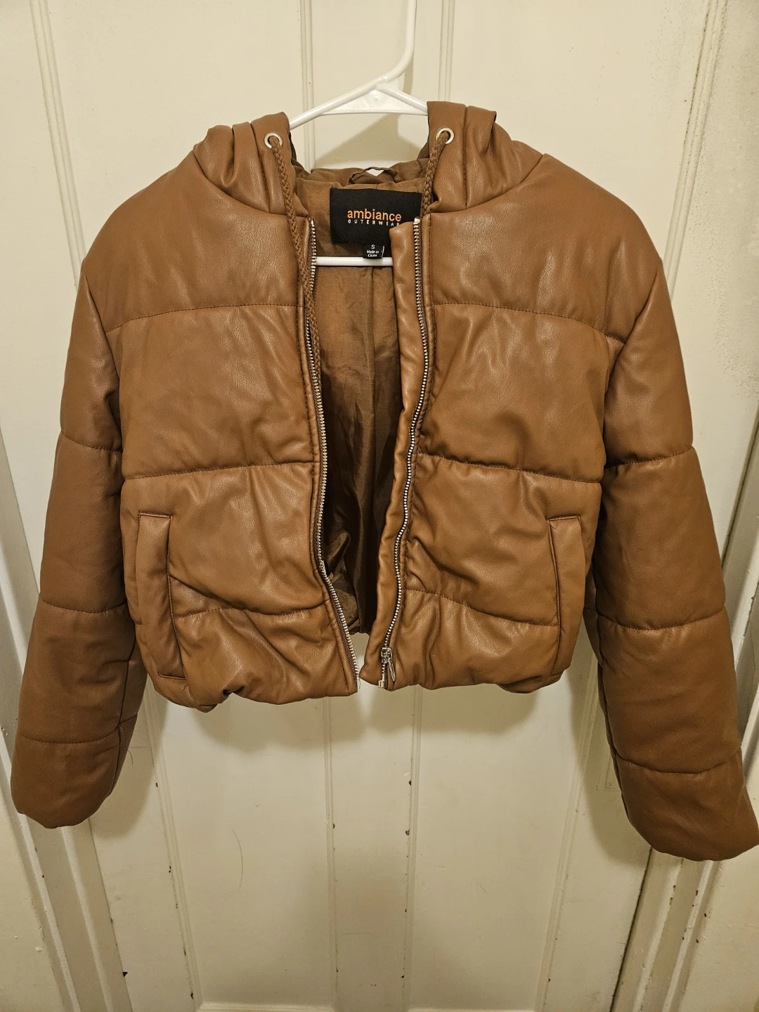 Ambiance Outerwear Brown Faux Leather Puffer Jacket - Size S