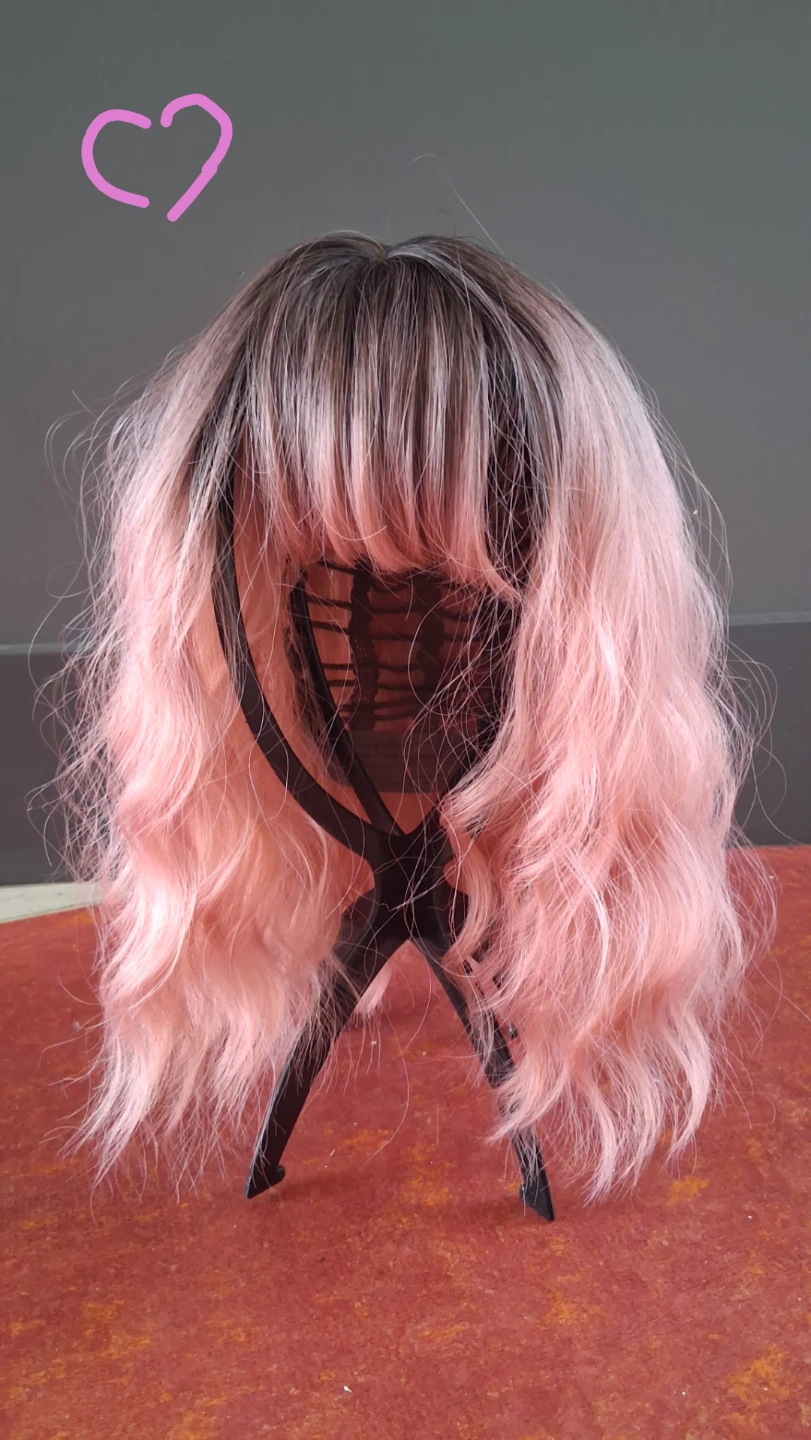 Ombre Pink Wavy Wig with Bangs