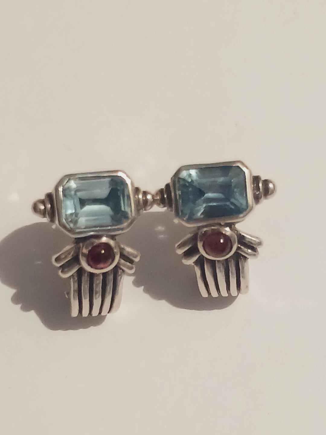 Stunning Sterling Silver Genuine Blue Topaz & Garnet Earrings