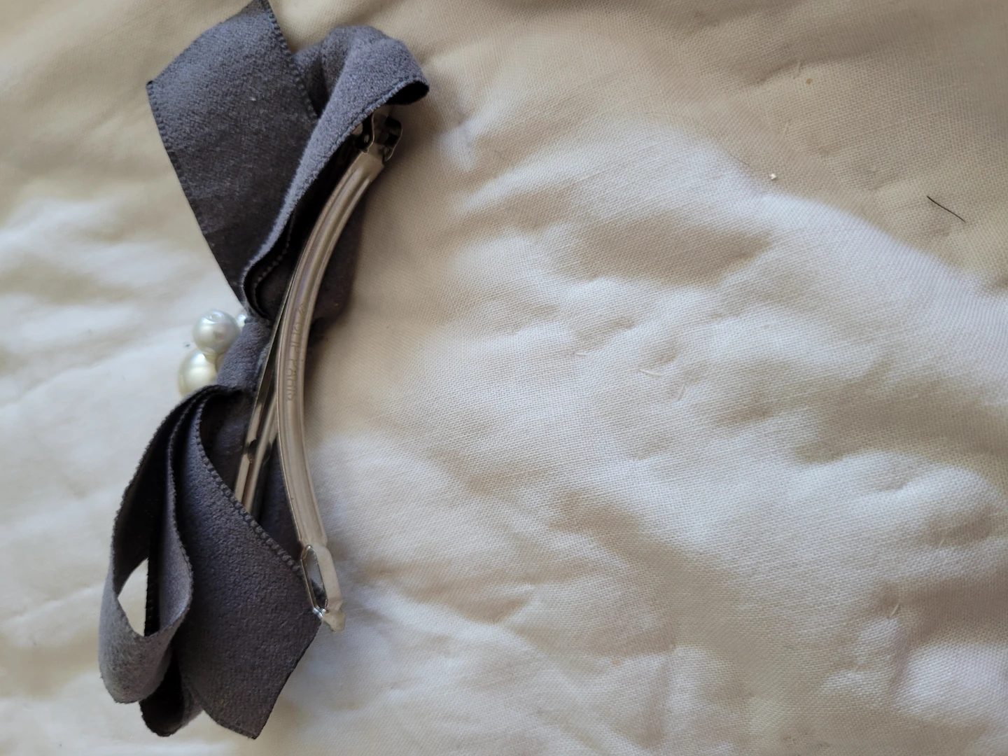 Grey Ribbon Bow Hair Clip with Pearls - photo 3