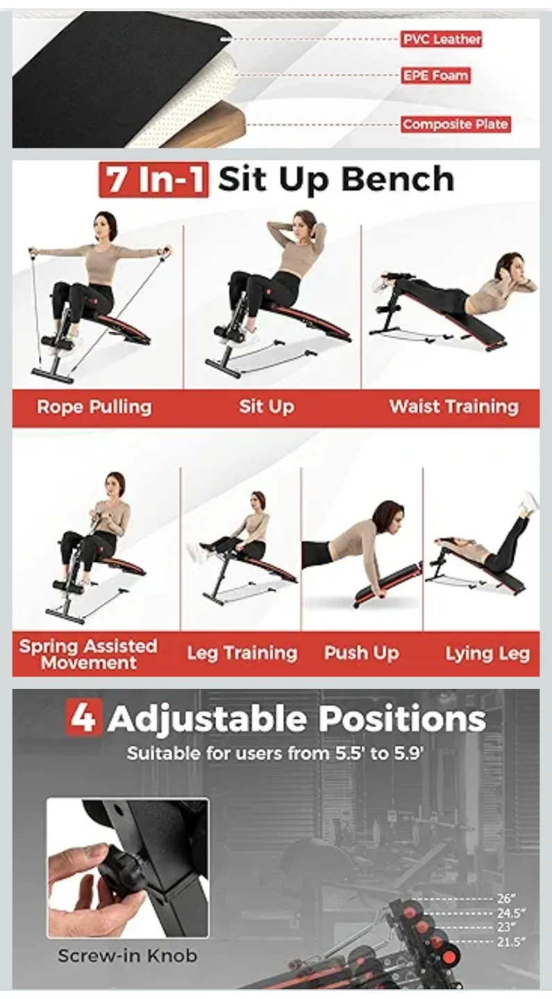 7-in-1 Adjustable Sit Up Bench with Elastic Ropes