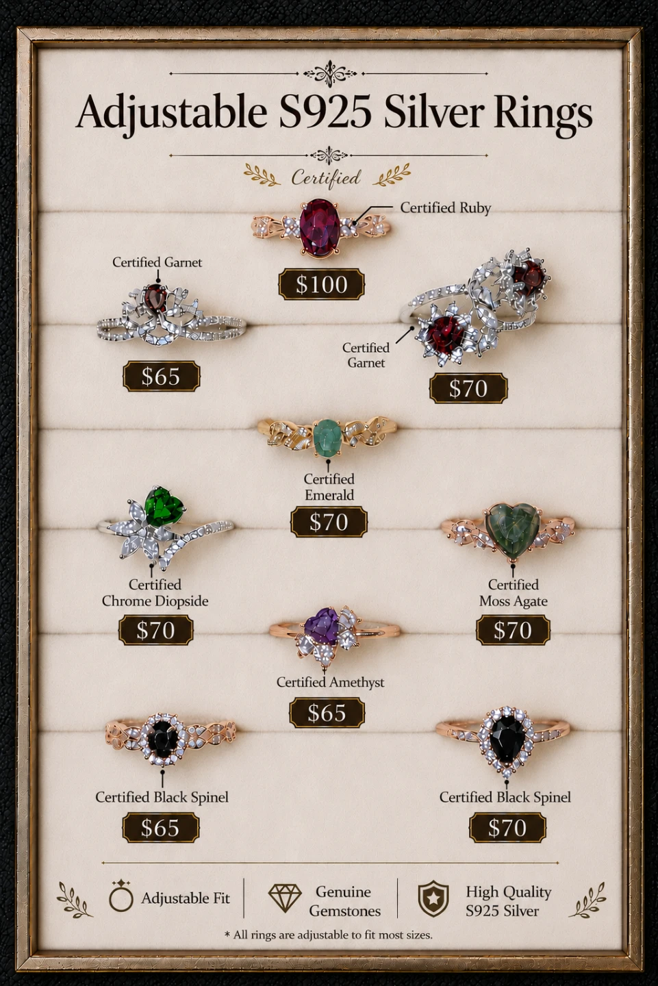Certified! Adjustable S925 Silver Rings with Genuine Gemstones
