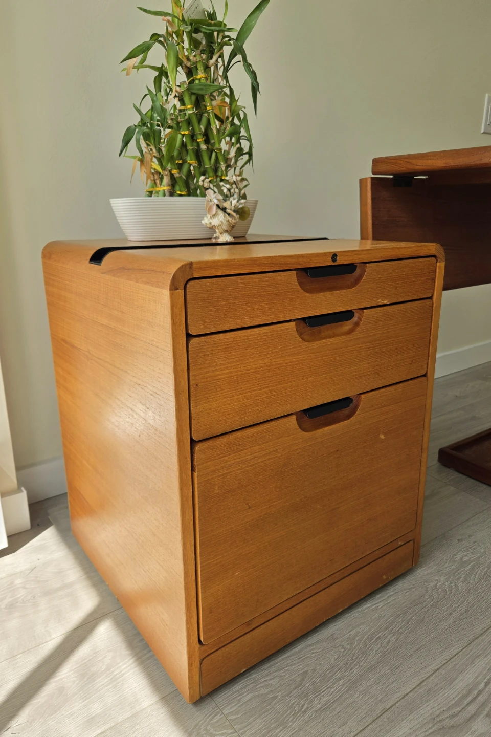 MCM Teak End Table With 3 Drawers On Caster Wheels