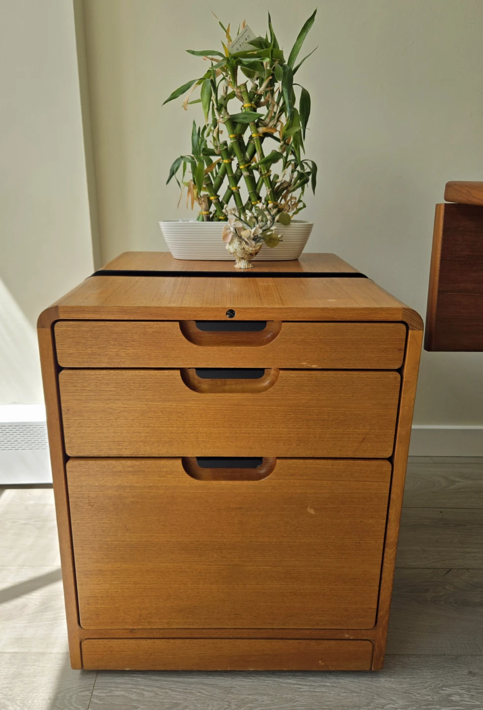 MCM Teak End Table With 3 Drawers On Caster Wheels - photo 2