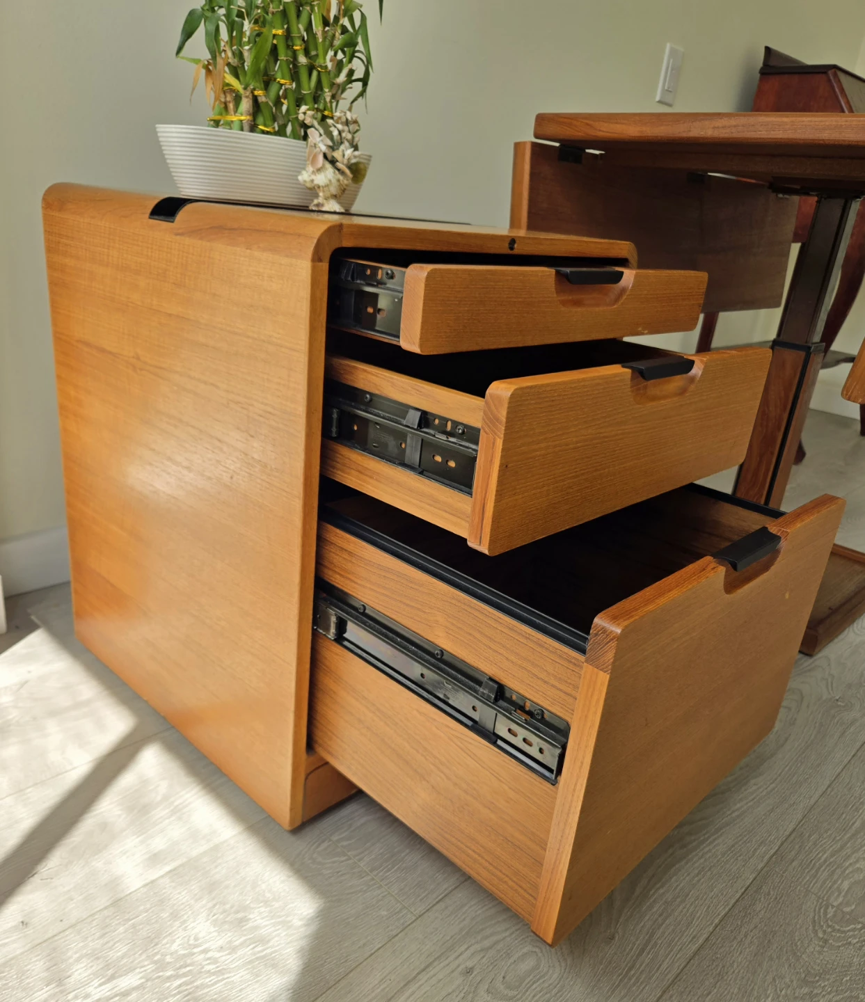 MCM Teak End Table With 3 Drawers On Caster Wheels - photo 4