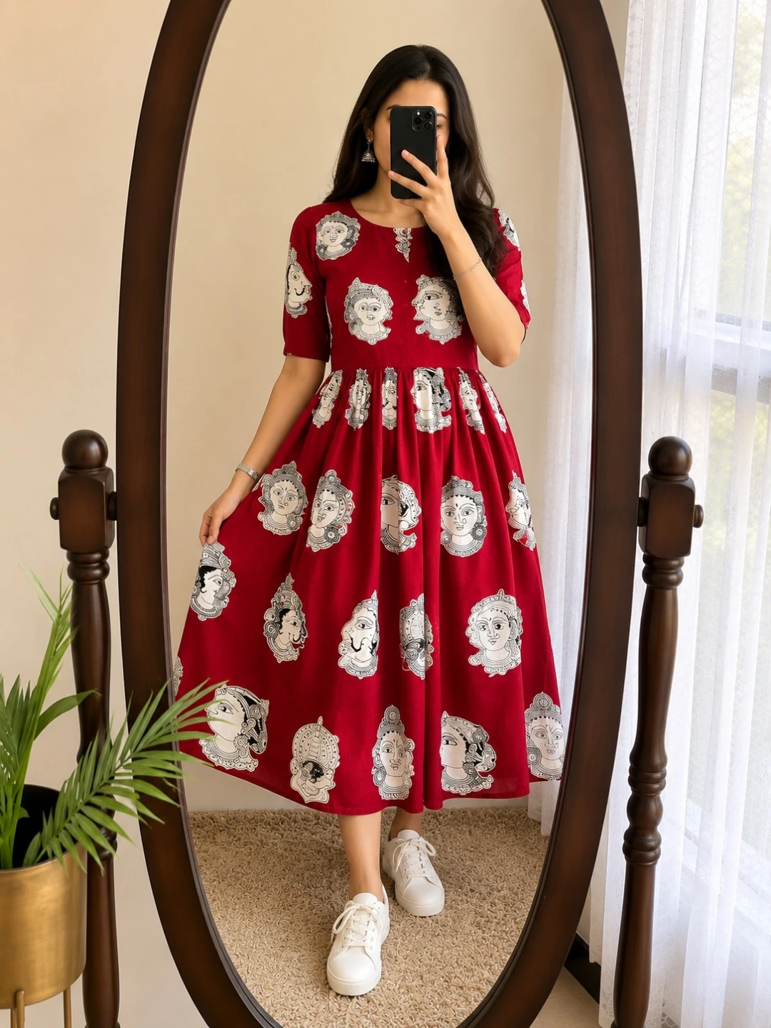 Red Printed Dress with Traditional Motifs