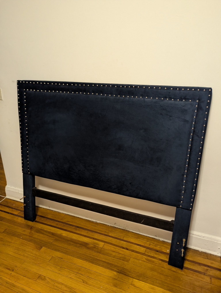 Navy Blue Velvet Headboard with Silver Nailhead Trim